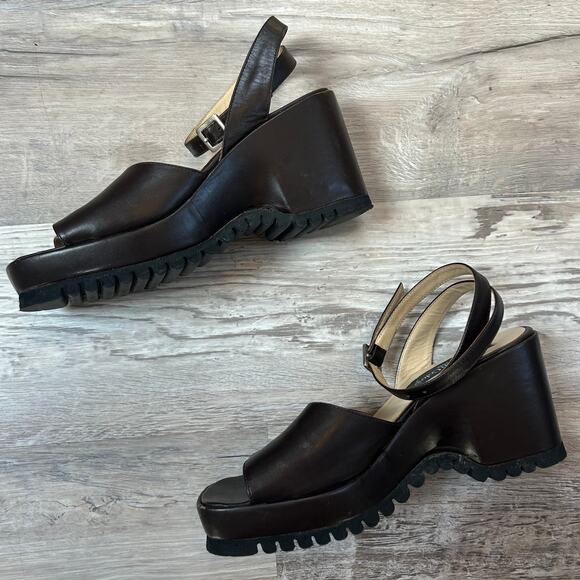 Vintage 90s Kenneth Cole NY Brown Leather Platform Wedge Sandals 7B Italy - Picture 9 of 9